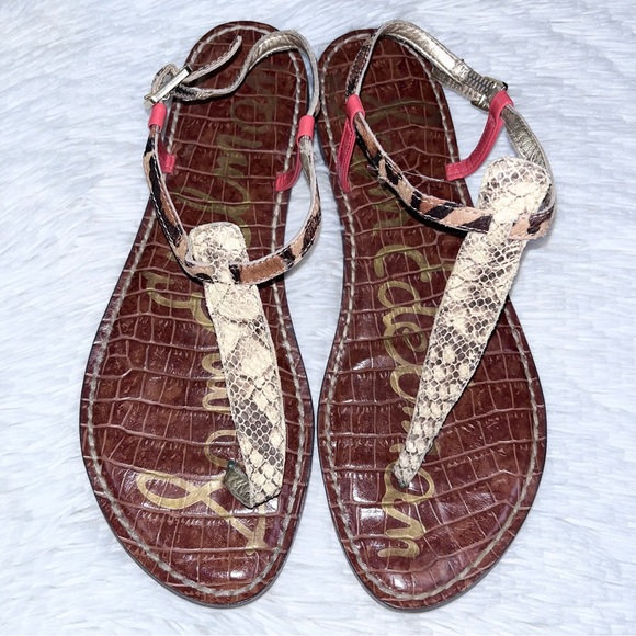 SAM EDELMAN Gigi Pink Leather Snakeskin Leopard Summer T Strap Thong Sandals 8 - Picture 1 of 9